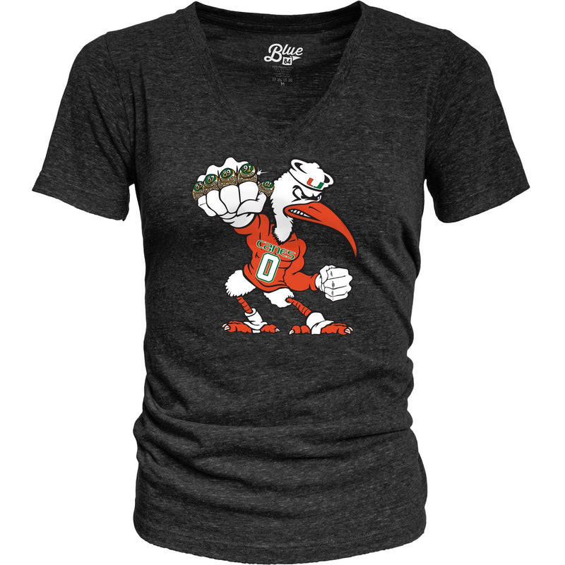 Miami Hurricanes Women's 5 Rings POW V-Neck T-Shirt - Heather Black