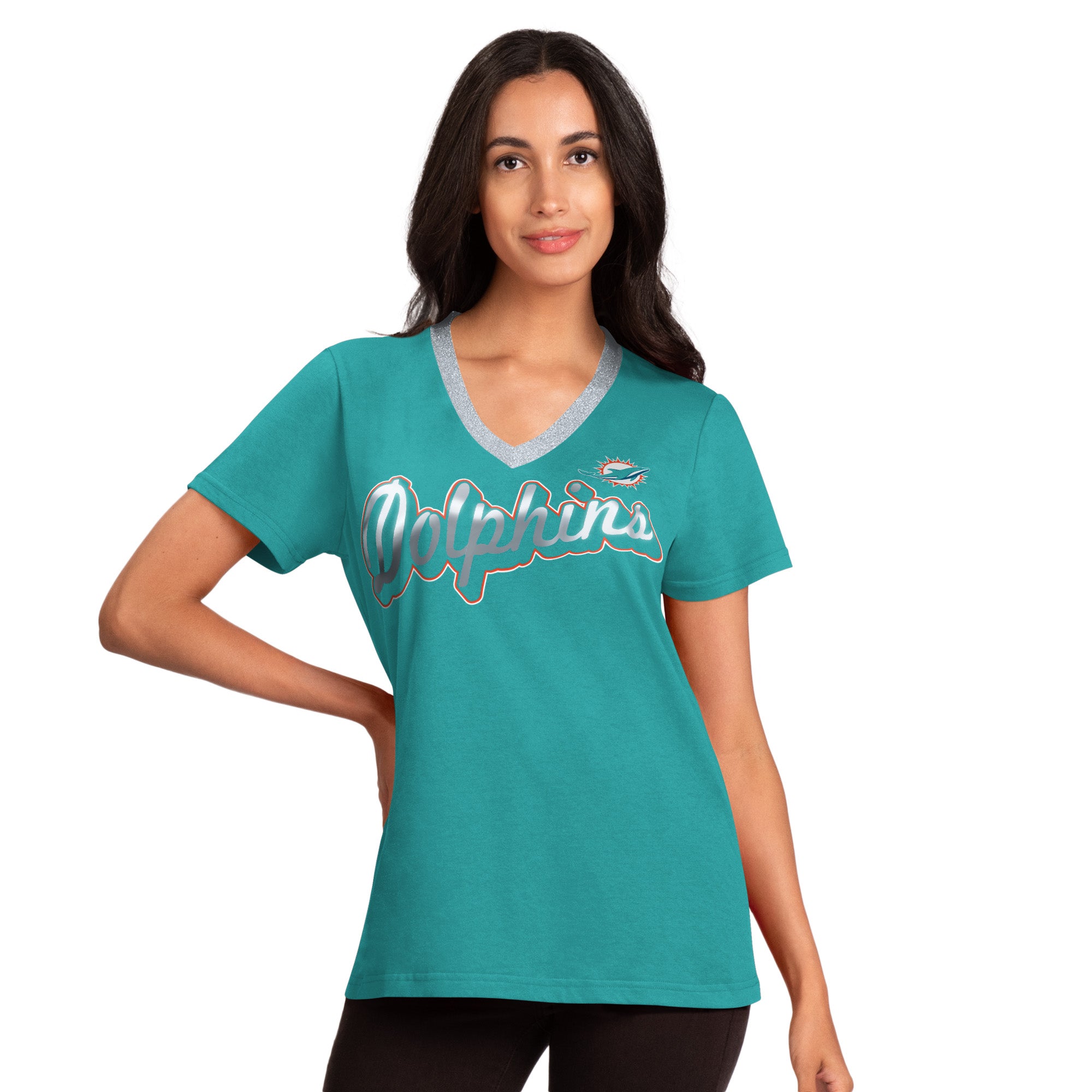 Miami Dolphins Women's Razzle Dazzle V-Neck Tee - Aqua