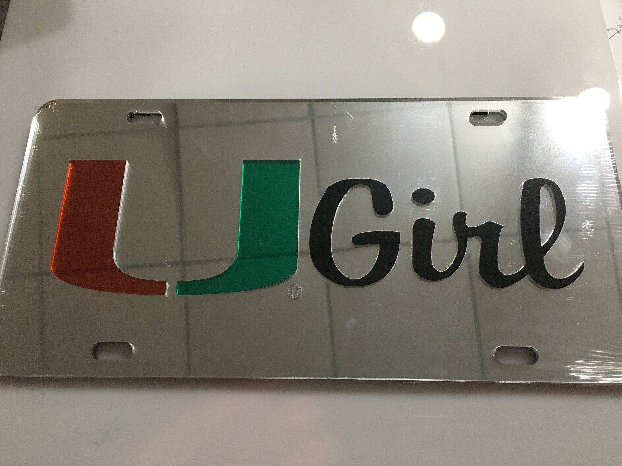 Miami Hurricanes U Girl Front License Plate - Mirror - CanesWear at Miami FanWear Automobile Accessories Craftique CanesWear at Miami FanWear