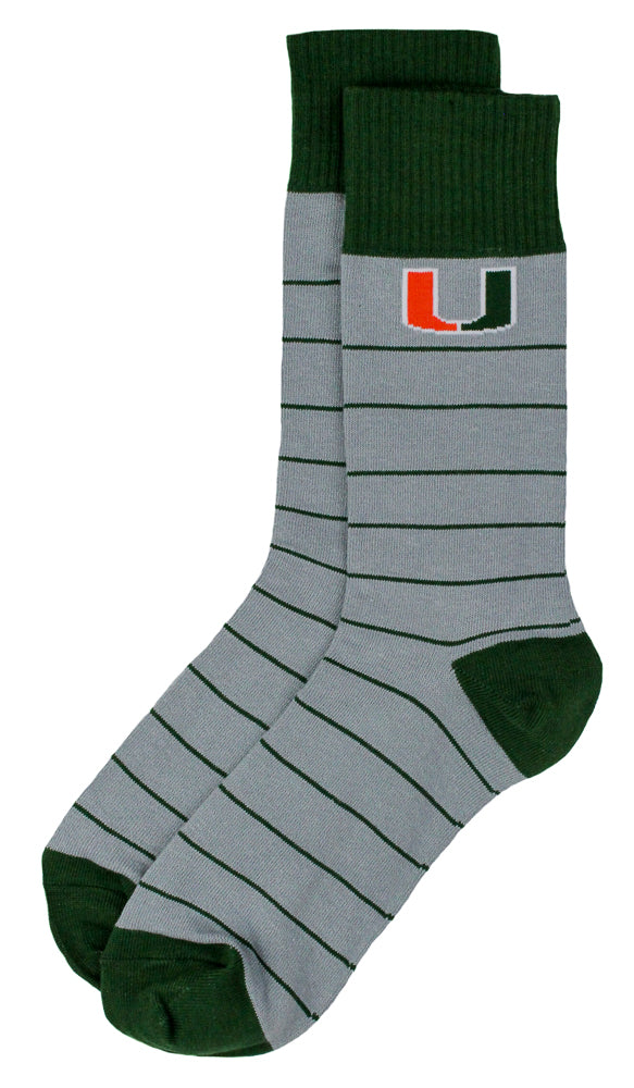 Miami Hurricanes Dress Socks - Grey w Green Stripes