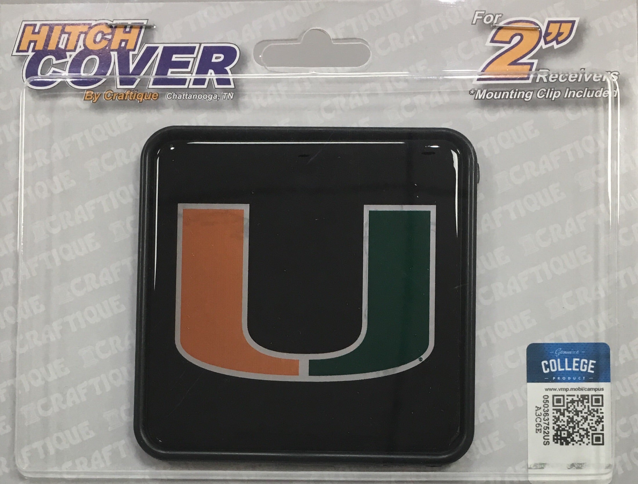 Miami Hurricanes U Square Hitch Cover For 2" Receivers