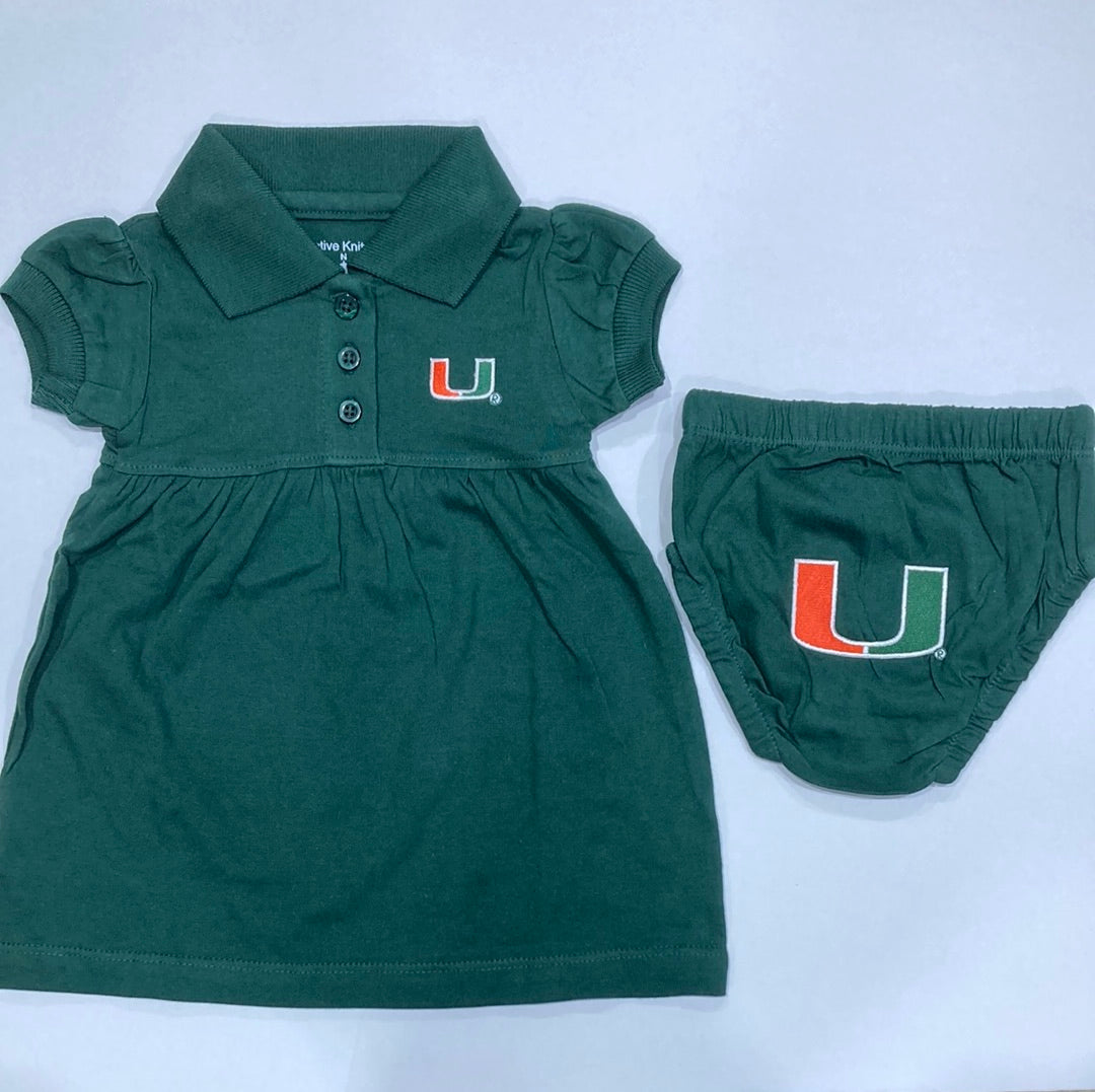 Miami Hurricanes Baby Polo Dress w/ Bloomers - Green