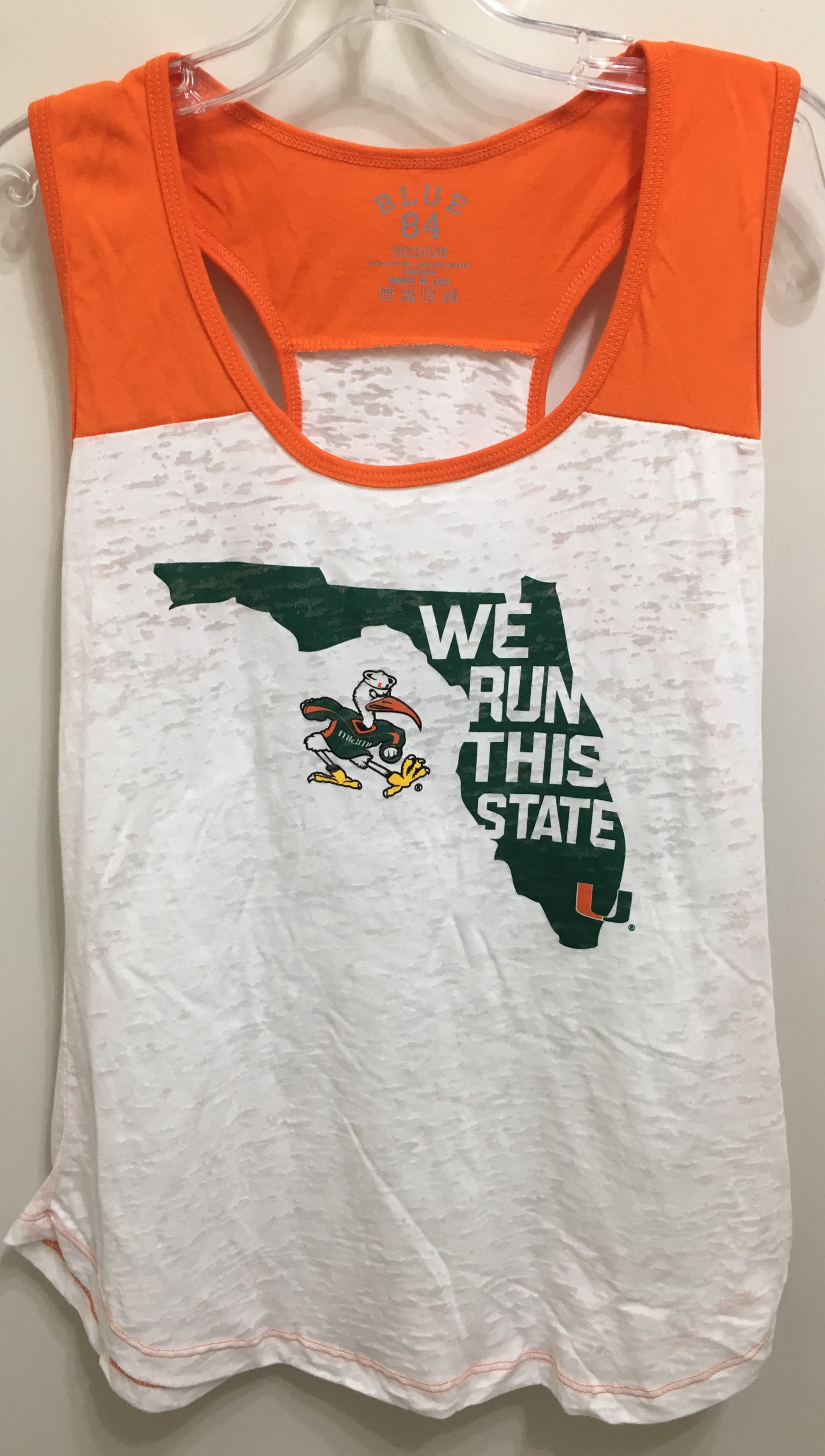 Miami Hurricanes Women's We Run This State Racerback Tank Top - White/Orange