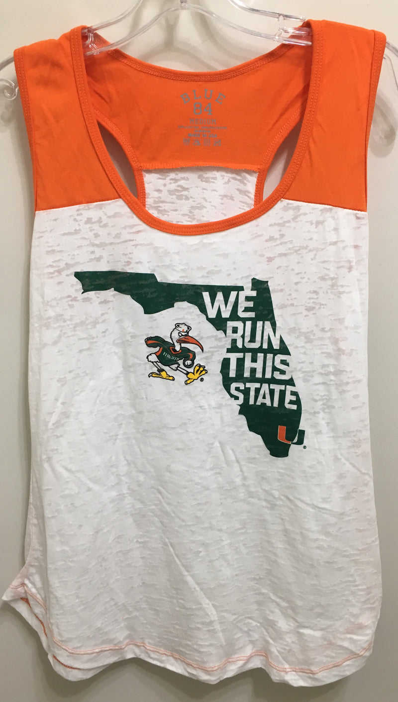 Miami Hurricanes Women's We Run This State Racerback Tank Top - White/Orange