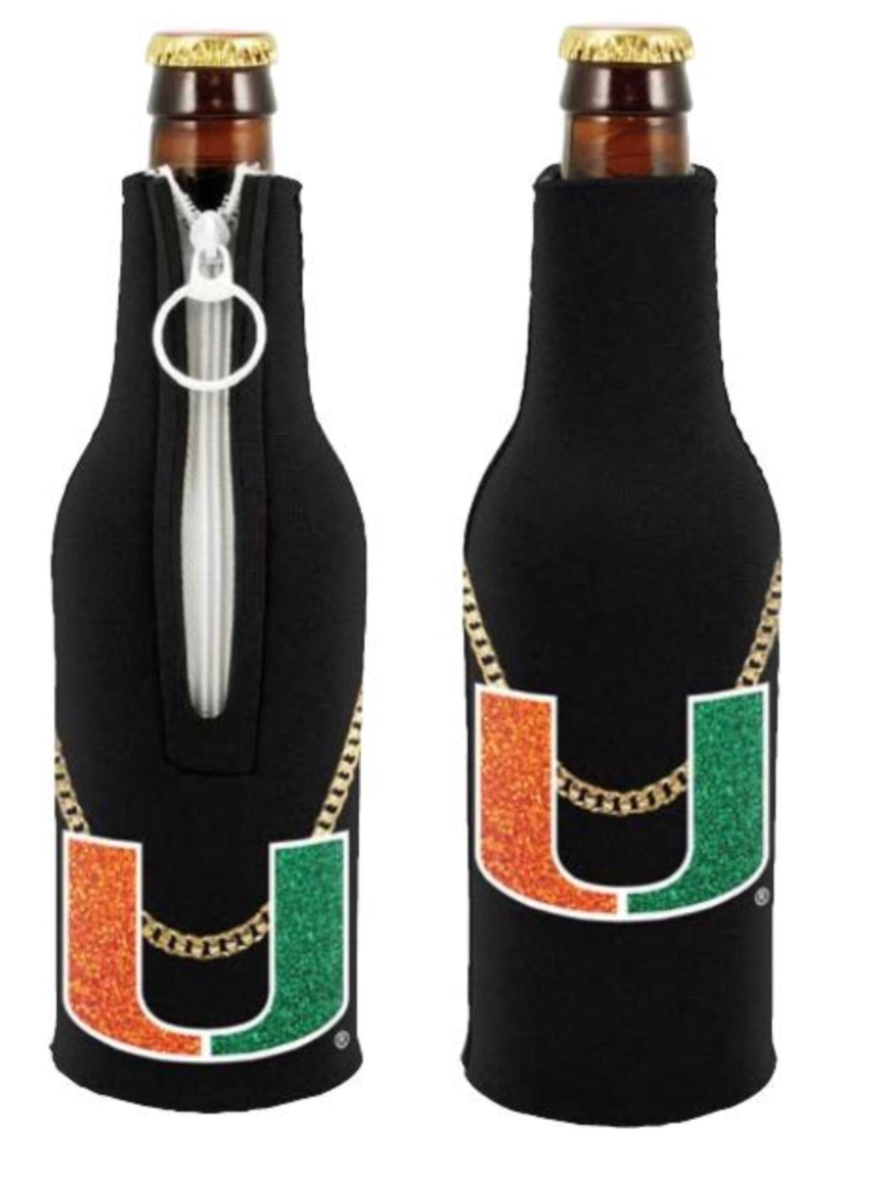 Miami Hurricanes Turnover Chain Bottle Holder Zipper Coozie - Black