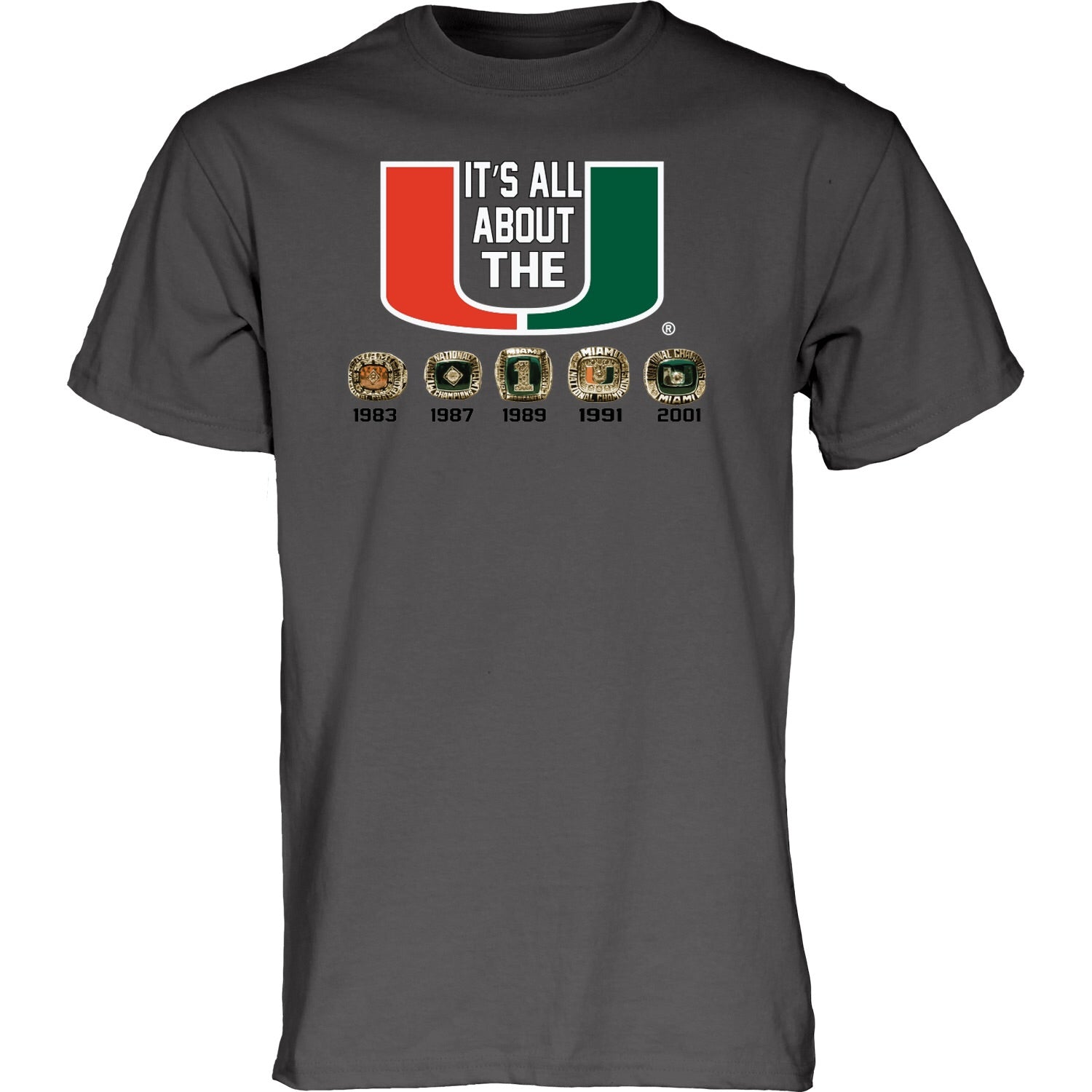 Miami Hurricanes 5 Rings All About The U T-Shirt - Charcoal Grey