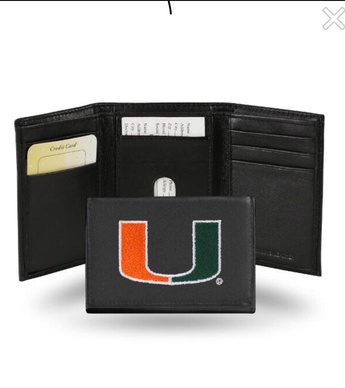 Miami Hurricanes Embroidered Leather Tri-Fold Wallet - Black