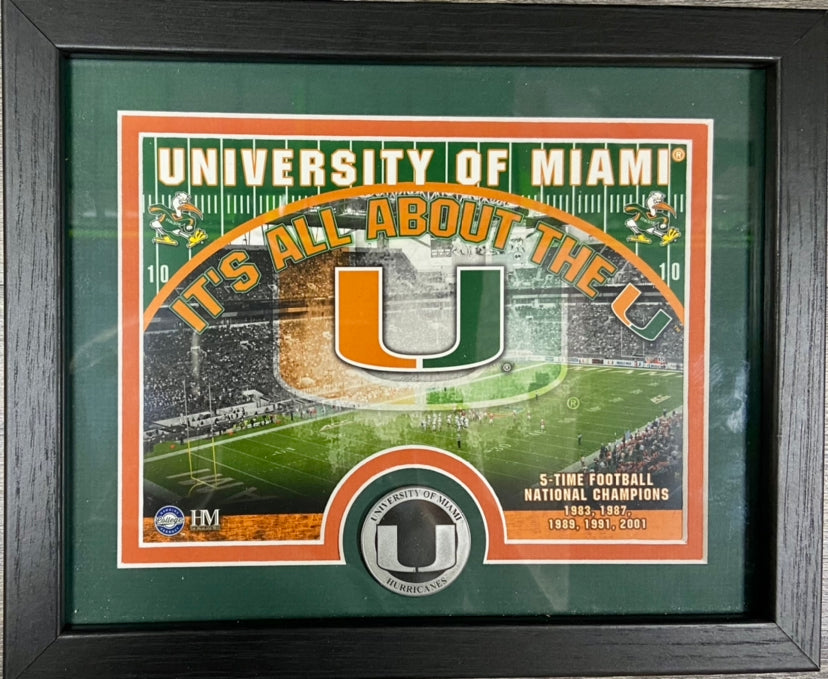 Miami Hurricanes Minted Coin & Double Matted Framed Photo - 9”x11”