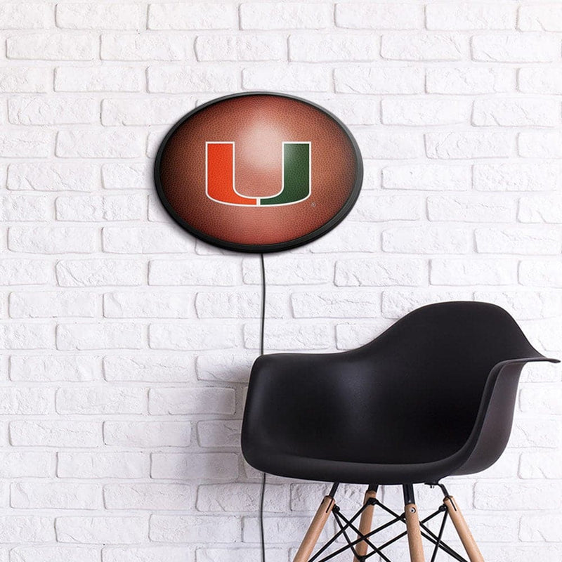 Miami Hurricanes Pigskin - Oval Slimline Lighted Wall Sign - The Fan-Brand