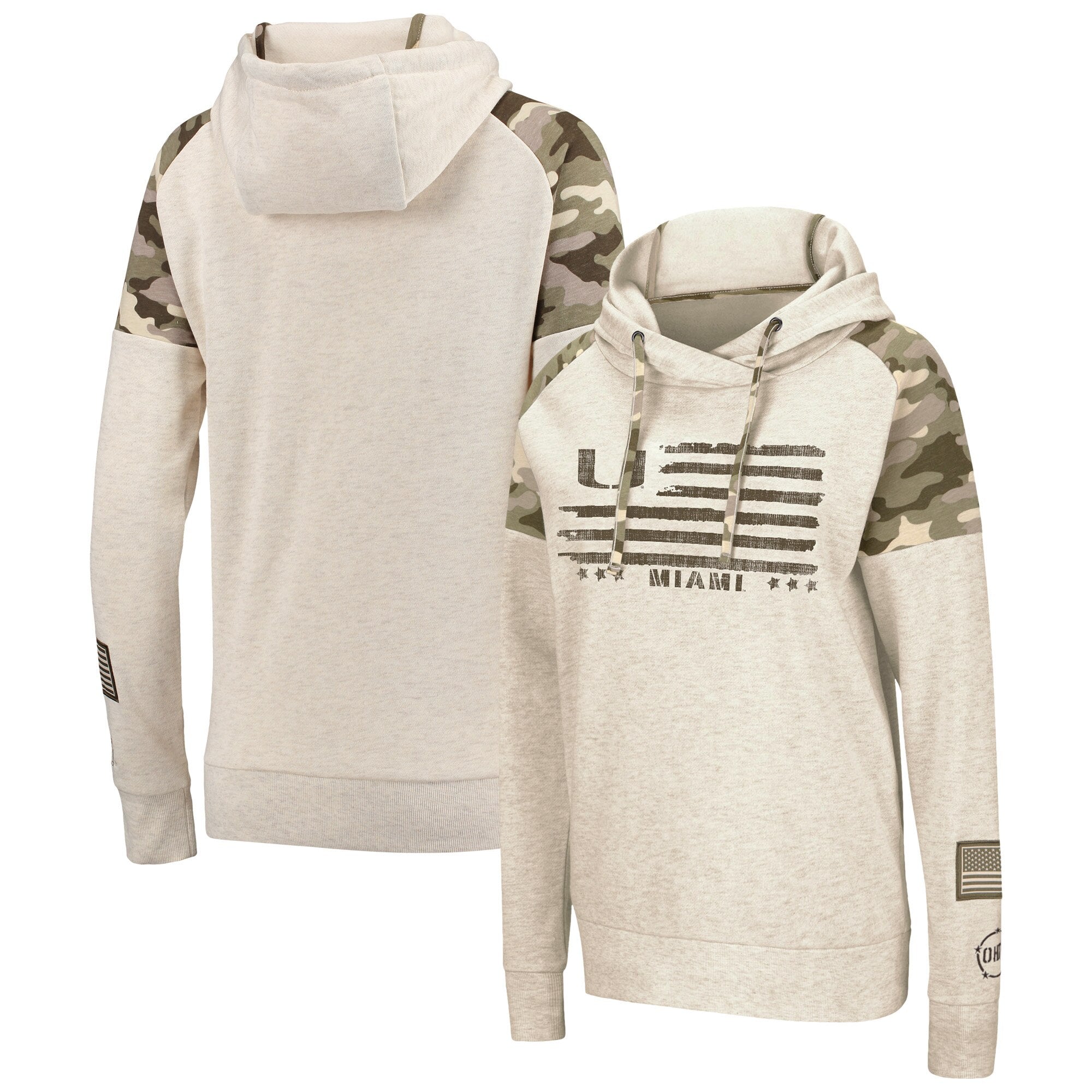 Miami Hurricanes Colosseum OHT Women's Desert Camo Raglan Pullover Hoodie - Oatmeal